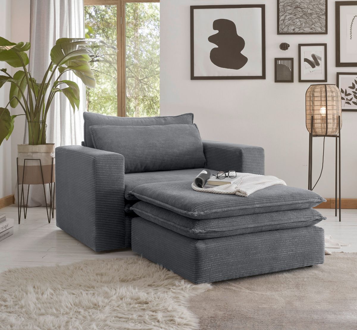 Loveseat Set Pesaro In Grau Cord Inklusive Hocker