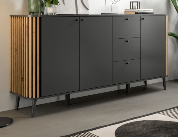 Sideboard Pretty in grau und Artisan Eiche mit 3D-Lamellen Wohn- und Esszimmer Kommode 177 cm