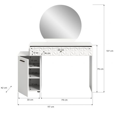 Schminktisch Relief in wei Hochglanz mit 3-D Struktur Kosmetiktisch mit Spiegel 117 cm