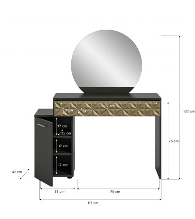 Schminktisch Relief in schwarz und Gold mit 3-D Struktur Kosmetiktisch mit Spiegel 117 cm