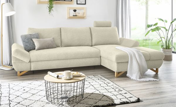 Ecksofa Skalm in beige Struktur-Stoff Sofa mit Bettfunktion und Stauraum 284 cm