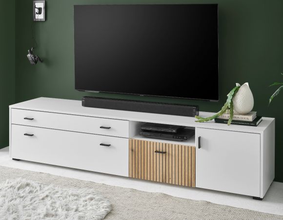 TV-Lowboard Merced in wei matt und Evoke Eiche TV Unterteil 200 x 44 cm