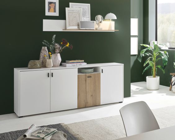 Sideboard Merced in wei matt und Evoke Eiche Kommode 4-trig Breite 200 cm, Soft-Close