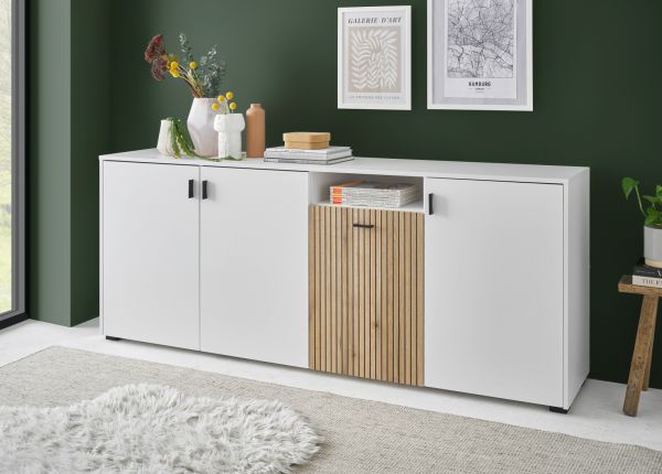 Sideboard Merced in wei matt und Evoke Eiche Kommode 4-trig Breite 200 cm, Soft-Close