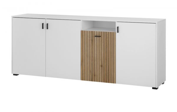 Sideboard Merced in wei matt und Evoke Eiche Kommode 4-trig Breite 200 cm, Soft-Close