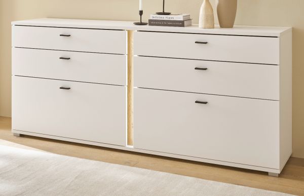 Sideboard Bellport in wei matt und Wotan Eiche Kommode inklusive Frontbeleuchtung 200 cm