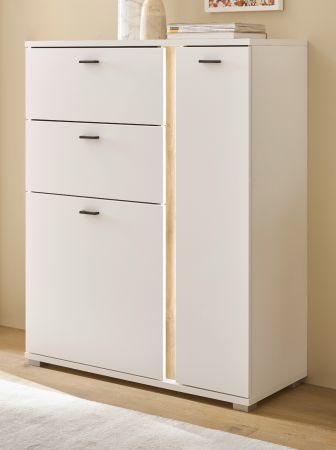 Highboard Bellport in wei matt und Wotan Eiche Kommode inklusive Frontbeleuchtung 100 x 125 cm