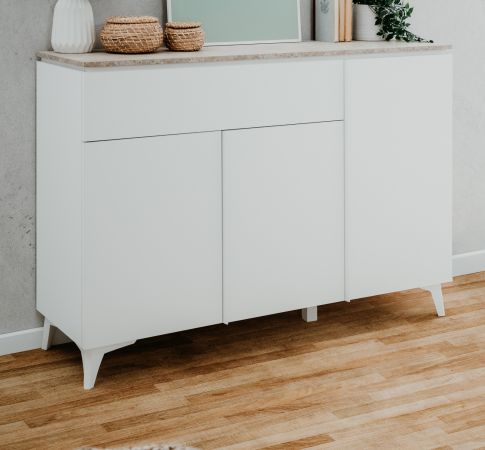 Sideboard Visby in wei und Sandstein Wohn- und Esszimmer Kommode 133 x 92 cm