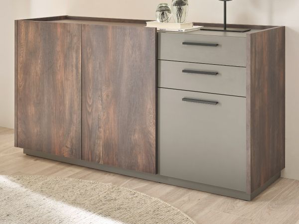 Sideboard Piano in Thermo Eiche und grau Kommode mit Soft-Close 152 x 80 cm