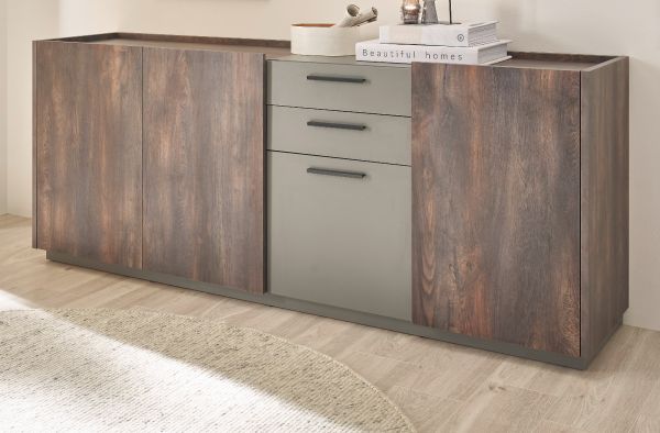 Sideboard Piano in Thermo Eiche und grau Kommode mit Soft-Close 200 x 80 cm