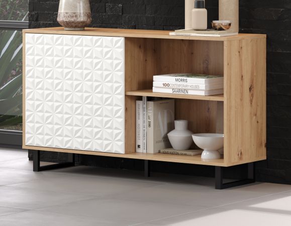 Kommode Sedan in wei matt mit 3-D Struktur und Eiche Artisan Sideboard 123 cm