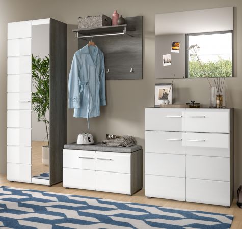 Garderobe Set 5-teilig Rumba in wei Hochglanz und Rauchsilber grau Garderobenkombination 250 cm