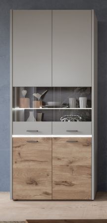 Vitrine Marcel in grau und Nox Eiche Vitrinenschrank mit Beleuchtung und Soft-Close 85 x 195 cm