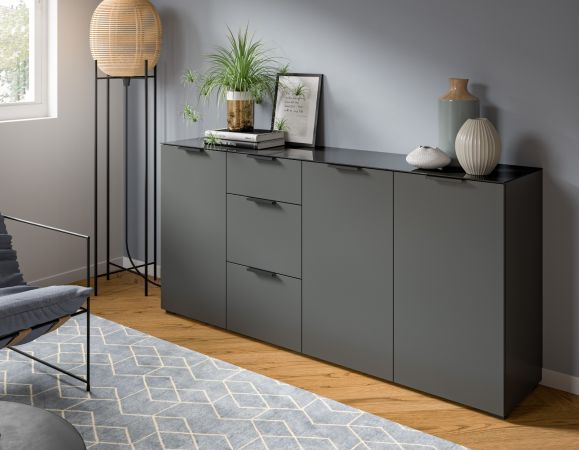 Sideboard Riano in grau mit Glasauflage Kommode 179 cm, Soft-Close-Funktion