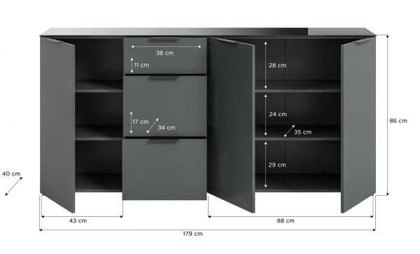 Sideboard Riano in grau mit Glasauflage Kommode 179 cm, Soft-Close-Funktion