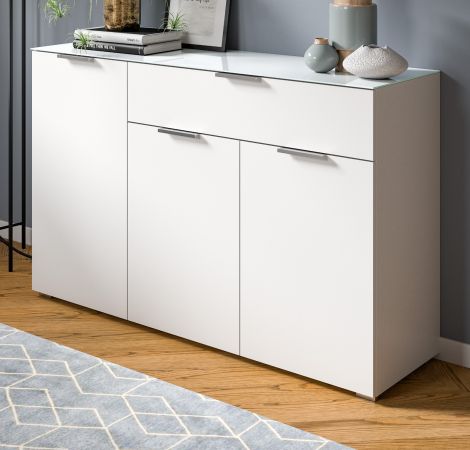 Kommode Riano in wei mit Glasauflage Sideboard 135 cm, Soft-Close-Funktion