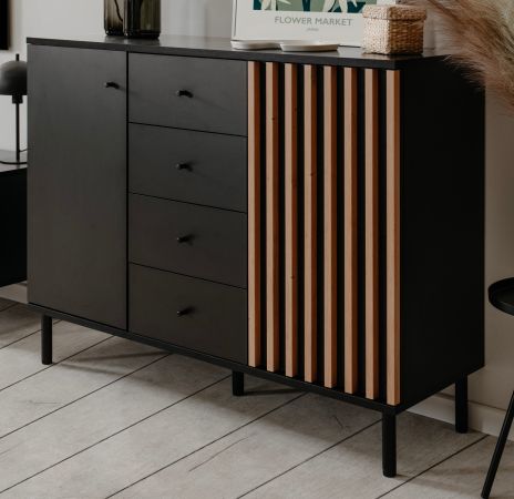 Kommode Biella in schwarz und Artisan Eiche Sideboard mit 3D-Lamellen 118 cm