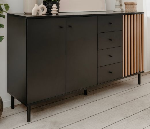 Sideboard Biella in schwarz und Artisan Eiche Kommode mit 3D-Lamellen 160 cm