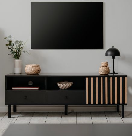 TV-Lowboard Biella in schwarz und Artisan Eiche TV Unterteil mit 3D-Lamellen 138 cm