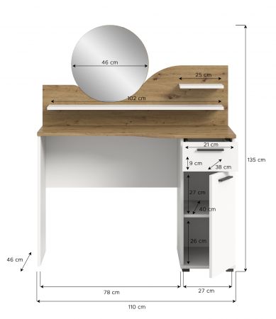 Schminktisch Viola in wei und Artisan Eiche Kosmetiktisch mit Spiegel 110 cm