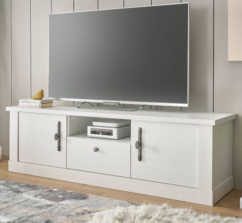 TV-Lowboard Fiastra in wei Pinie Landhaus TV Unterteil 155 cm, Soft-Close-Funktion