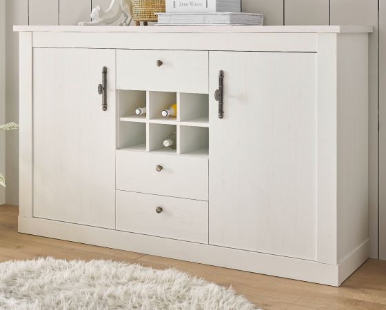 Sideboard Fiastra in wei Pinie Landhaus Kommode 166 cm, Soft-Close-Funktion