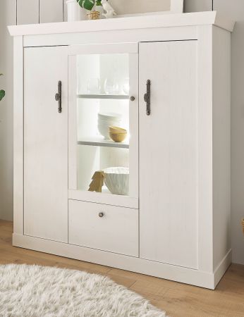 Highboard Fiastra in wei Pinie Landhaus Vitrine 140 x 146 cm, Soft-Close-Funktion