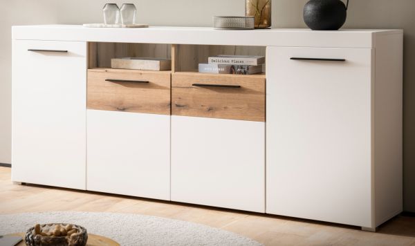 Sideboard Lavell in wei matt und Evoke Eiche Kommode 205 cm, Soft-Close-Funktion