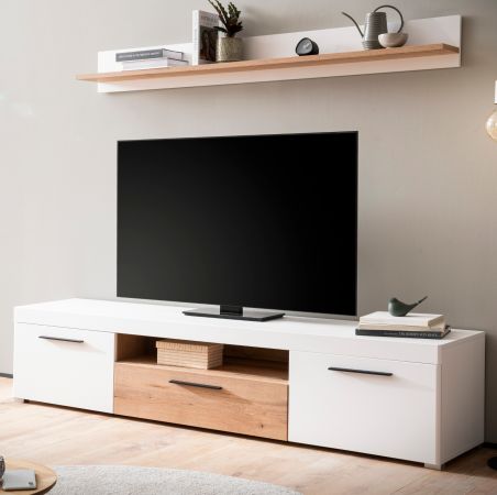 TV-Lowboard und Wandboard Lavell in wei matt und Evoke Eiche Wohnkombination 2-teilig, Soft-Close-Funktion