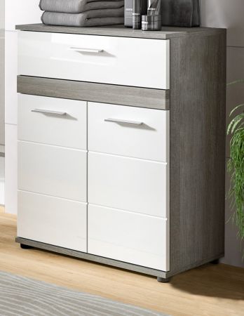 Badezimmer Kommode Bailey in wei Hochglanz und Rauchsilber grau Badschrank 71 x 79 cm