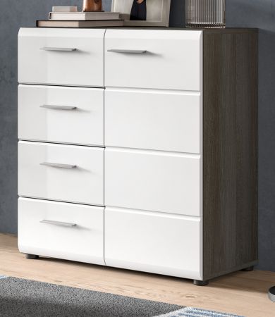 Kommode Rumba in wei Hochglanz und Rauchsilber grau Sideboard 80 x 85 cm