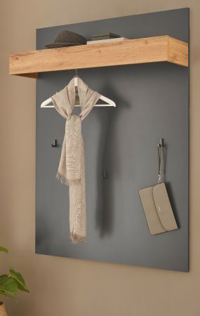 Garderobenpaneel Center in grau matt und Wotan Eiche Wandgarderobe 100 x 135 cm