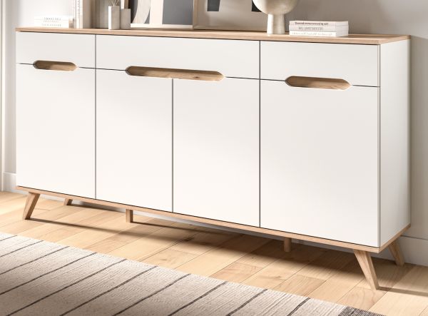 Sideboard Hygge in wei und Nox Eiche Kommode skandinavisch 185 x 95 cm, Soft-Close