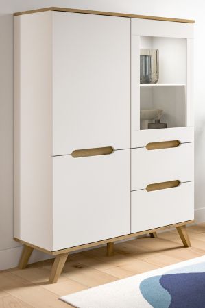 Highboard Hygge in wei und Nox Eiche Vitrine skandinavisch 100 x 140 cm, Soft-Close