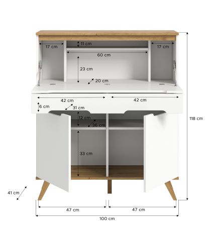 Sekretr Hygge in wei und Nox Eiche Schreibtisch skandinavisch 100 cm, Soft-Close