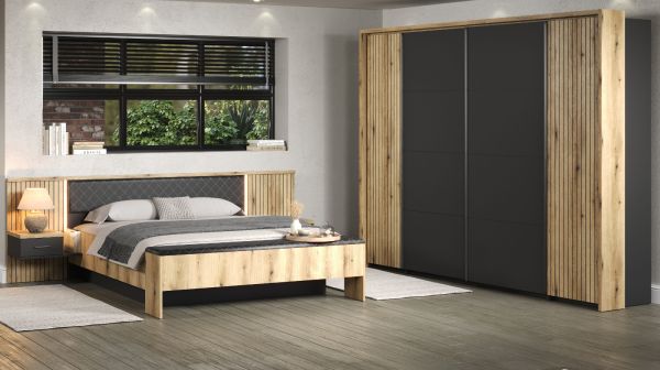 Schlafzimmer komplett Set Esteban in grau und Evoke Eiche Doppelbett 180 x 200 cm und Kleiderschrank