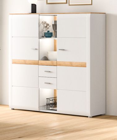 Highboard Darell in grau und Riviera Eiche Kommode 141 x 138 cm, Soft-Close