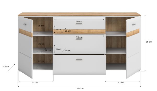 Sideboard Darell in grau und Riviera Eiche Kommode 185 cm, Soft-Close