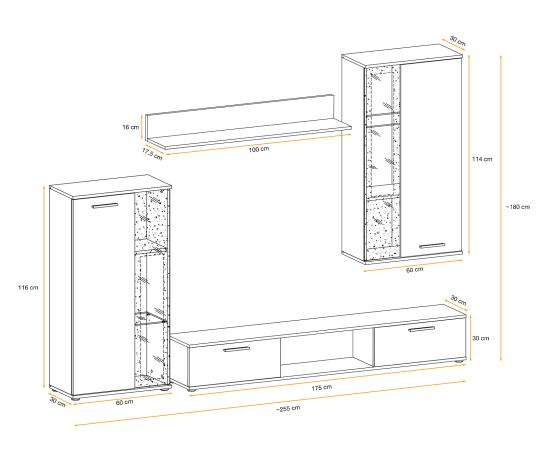 Wohnwand Rusty in Eiche und schwarz Schrankwand mit Lamellenoptik 255 cm, inkl. Beleuchtung