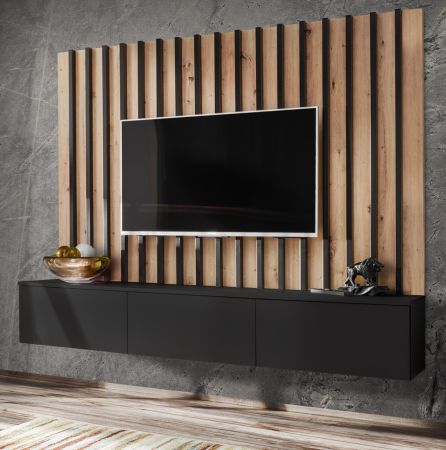 TV-Lowboard Set Pearl in schwarz und Artisan Eiche TV Unterteil mit Akustikpaneele 180 cm, Push-to-Open