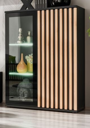 Vitrine Morgan in schwarz und Jackson Eiche Highboard mit 3D-Lamellen inkl. LED