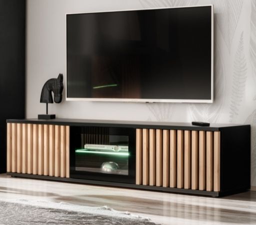 TV-Lowboard Morgan in schwarz und Jackson Eiche TV Unterteil mit 3D-Lamellen inkl. LED 163 cm