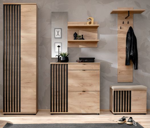 Garderobe Set 5-teilig Collin in Jackson Eiche und schwarz Garderobenkombination mit 3-D Lamellen