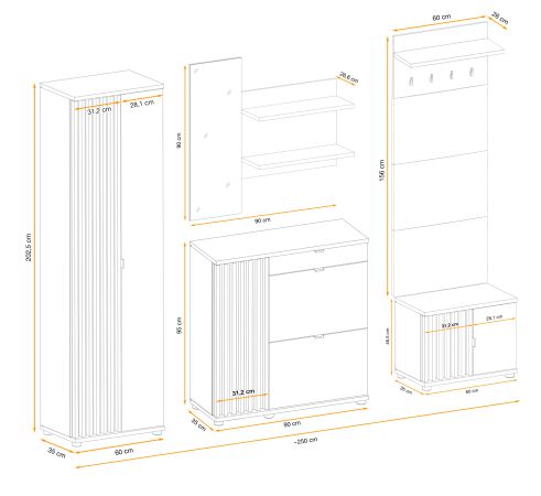 Garderobe Set 5-teilig Collin in Jackson Eiche und schwarz Garderobenkombination mit 3-D Lamellen