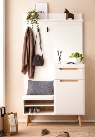 Garderobe Isgard in wei matt und Eiche Kompaktgarderobe skandinavisch 110x197 cm Soft-Close