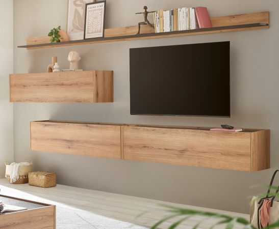 Wohnwand Center in Evoke Eiche und grau Set 5-teilig mit XXL TV-Board 340 cm