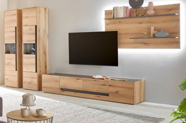 Wohnwand Center in Evoke Eiche und grau Wohnkombination Set 4-teilig mit XL-TV-Schrank 400 cm