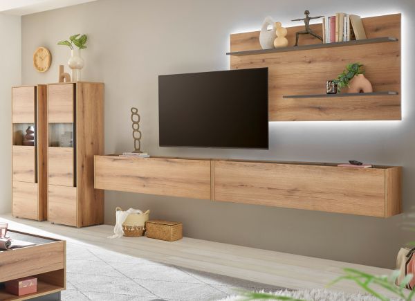 Wohnwand Center in Evoke Eiche und grau Wohnkombination Set 5-teilig mit XXL-TV-Schrank 440 cm