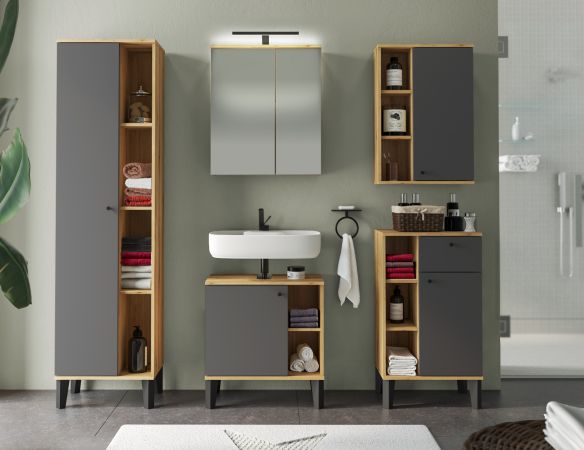 Badezimmer Hochschrank Torsby in grau und Evoke Eiche Badschrank 51 x 190 cm