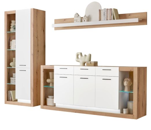 Wohnwand Rivian in wei matt und Evoke Eiche Wohnkombination Set 3-teilig 298 cm